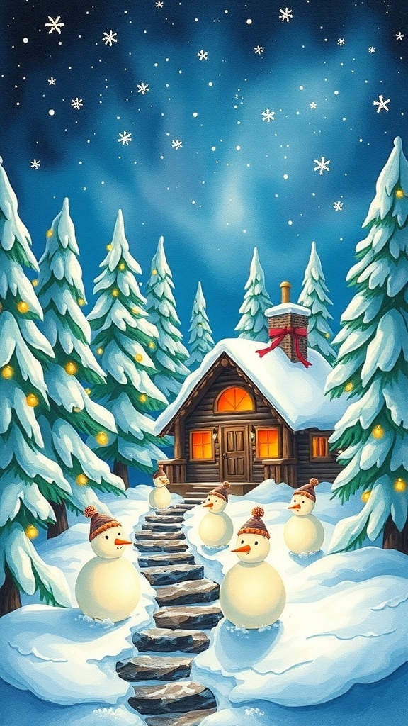 Christmas Scenery Drawing Guide A Christmas scenery drawing with a cabin, snow-covered trees, and twinkling lights.